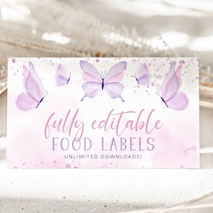 Plantilla de etiquetas de comida de baby shower de mariposa, etiquetas editables de baby shower de niña, tarjetas de tienda de comida de cumpleaños de mariposa, etiquetas de postre imprimibles