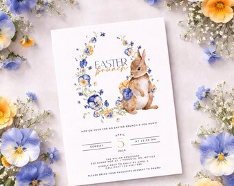 Plantilla de invitación para brunch de Pascua, invitación de Pascua editable, invitación para búsqueda de huevos de Pascua, invitación con conejito de Pascua floral, Canva (descarga digital)