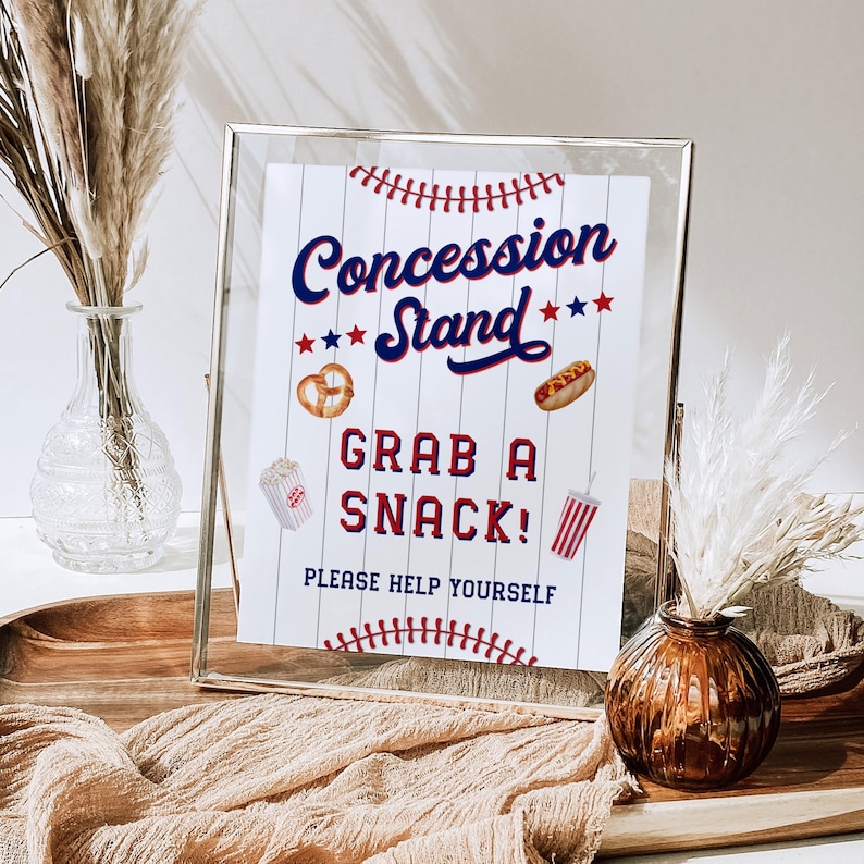 Cartello per il primo compleanno del principiante dell'anno, cartello per stand di concessioni, cartelli per tavoli per feste di compleanno a tema baseball, cartello stampabile per cibo e bevande da scaricare immagine 8