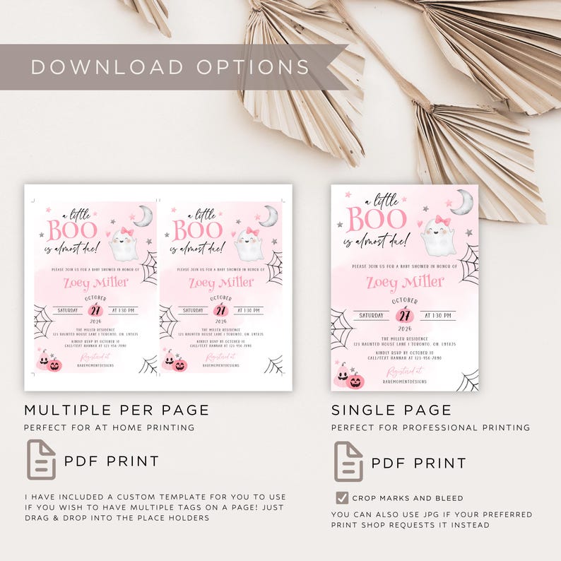 May include: A digital baby shower invitation template featuring a pink background with a ghost wearing a pink bow, a crescent moon, stars, and spider webs. The text reads A little BOO is almost due! for Zoey Miller on Saturday, October 27 at 1:30 PM.