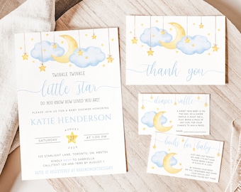 Moon And Stars Baby Shower Invitation, Twinkle Twinkle Little Star Boy Baby Shower Invite Set, Blue Moon Baby Shower Evite, Digital Invites