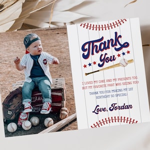 Carte de remerciement pour le premier anniversaire de la recrue de l'année, modèle de carte de remerciement de baseball, carte de remerciement photo, mot de remerciement pour le 1er anniversaire de garçon