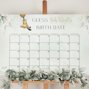 Classic Winnie the Pooh Baby Shower Guess the Due Date Sign, Greenery ...