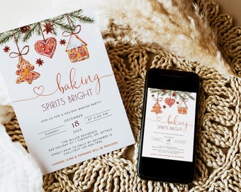 May include: A digital invitation for a holiday baking party. The invitation features a watercolor illustration of gingerbread cookies hanging from a pine branch. The text reads "baking spirits bright" and includes the date, time, and location of the party.