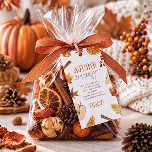 Puede incluir: Una bolsa de plástico transparente llena de botánicos secos de otoño, incluyendo rodajas de naranja, ramas de canela y piñas. Una cinta marrón sujeta una etiqueta que dice: Autumn Simmer Pot, Add all ingredients to a saucepan & cover with 2 cups of water, simmer on low heat, add water as needed, Enjoy!