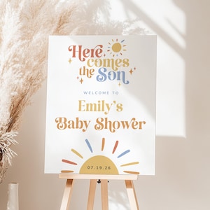 Här kommer sonen, välkomstskylt för babyshower, mall för välkomstskylt för pojke, välkomstaffisch för solbabyshower, bohemisk duschdekor, canvas
