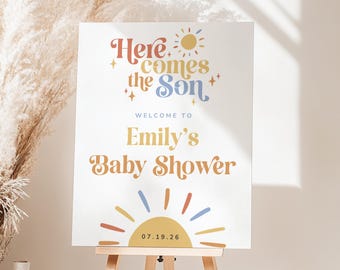 Hier kommt der Sohn Baby Shower Willkommensschild, Boy Baby Shower Willkommensschild Vorlage, Sun Baby Shower Willkommen Poster, Boho Shower Decor, Canva