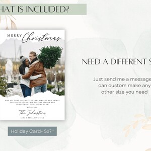 May include: A 5x7 inch holiday card with a photo of a couple in front of a Christmas tree. The card has a white background with a green and white watercolor design. The text "Merry Christmas" is written in black cursive script. The text "May all that is beautiful, meaningful and brings you joy be yours this holiday season and throughout the coming year. With love, The Johnstons, Jada & Benjamin 2022" is printed in black text.