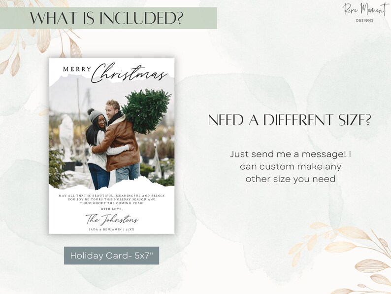 May include: A 5x7 inch holiday card with a photo of a couple in front of a Christmas tree. The card has a white background with a green and white watercolor design. The text "Merry Christmas" is written in black cursive script. The text "May all that is beautiful, meaningful and brings you joy be yours this holiday season and throughout the coming year. With love, The Johnstons, Jada & Benjamin 2022" is printed in black text.