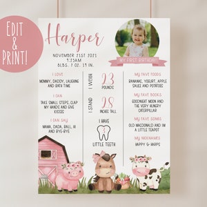 Tableau des jalons du 1er anniversaire de la ferme, panneau d'étapes rose modifiable de la ferme, affiche d'étape importante des animaux de la ferme florale en téléchargement numérique, fête de la basse-cour