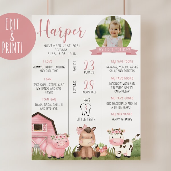 Farm 1st Birthday Milestones Board, Editable Pink Farm Milestone Sign, Floral Farm Animals Milestone Poster Digital Download, Barnyard Bash