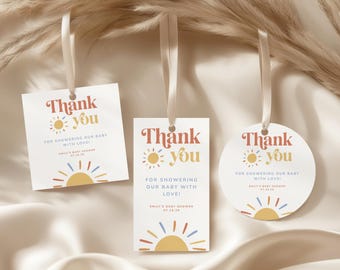 Here Comes the Son Baby Shower Favor Tags, Sun Baby Shower Thank You Tag, Boho Baby Shower Labels, Custom Sunshine Gift Tags, Canva Template