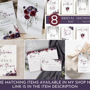 May include: Eight printable bridal shower signs featuring a watercolor floral design with burgundy and purple flowers. The signs are 8x10 inches and fully editable. The text on the signs includes "Cards and Gifts", "Guestbook", "Drinks", "Favors", "Food", "Love is Sweet", "Recipe Cards", and "Photo Booth".