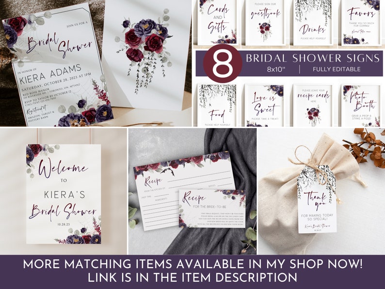 May include: Eight printable bridal shower signs featuring a watercolor floral design with burgundy and purple flowers. The signs are 8x10 inches and fully editable. The text on the signs includes "Cards and Gifts", "Guestbook", "Drinks", "Favors", "Food", "Love is Sweet", "Recipe Cards", and "Photo Booth".