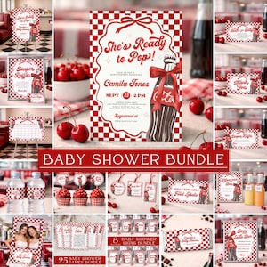 Puede incluir: Un paquete para baby shower con un tema de tienda de refrescos retro. El conjunto incluye invitaciones, letreros, etiquetas y juegos. El diseño presenta un patrón de cuadros rojos y blancos, cerezas y una ilustración de una botella de refresco.