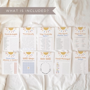 Sun Baby Shower Games Bundle, Here Comes the Son Baby Shower Games, Printable Boho Baby Shower Games Pack, Sunshine Shower Activity, Canva image 5