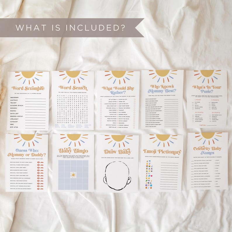 Sun Baby Shower Games Bundle, Here Comes the Son Baby Shower Games, Printable Boho Baby Shower Games Pack, Sunshine Shower Activity, Canva image 5