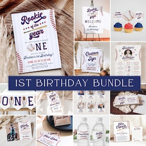 Rookie of the Year First Birthday Invitation Bundle, Editable Baseball 1st Birthday Invitation Set, Rookie Year First Birthday Party Decor