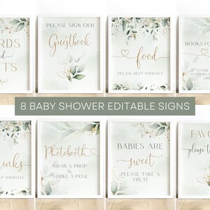 May include: Eight printable signs for a baby shower with a green and gold watercolor floral design. The signs include text such as "Cards and Gifts", "Guestbook", "Food", "Drinks", "Photobooth", "Babies are Sweet", "Books for Baby", and "Favors".