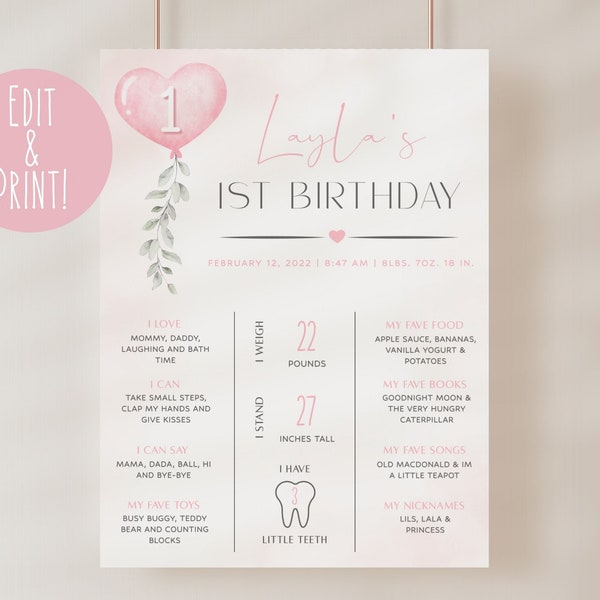 Valentine 1st Birthday Milestone Sign, Boho 1st Birthday Sign Template, Sweetheart Birthday Milestone Board, Printable Pink Boho Party Decor