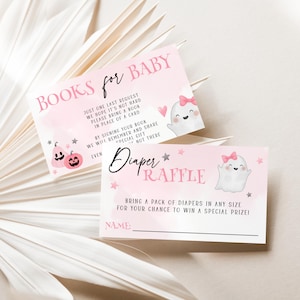 May include: Two rectangular cards with a light pink background featuring ghost illustrations with pink bows, small stars, and pink pumpkins. The top card reads BOOKS FOR BABY and the bottom card reads Diaper RAFFLE with text instructions and a name line.