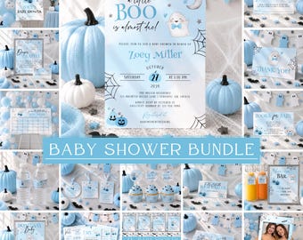 May include: A baby shower bundle featuring light blue and white printed stationery, including invitations, signs, and game cards with ghost, pumpkin, and spiderweb graphics. The text reads A little BOO is almost due and Zoey Miller.