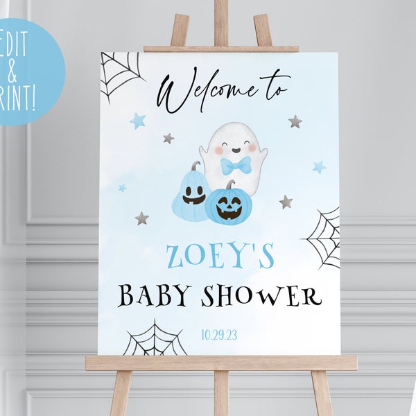A Little Boo Is Almost Due Baby Shower Welcome Sign Template, Blue Halloween Baby Shower Sign, Printable Boy Ghost Baby Shower Welcome Board