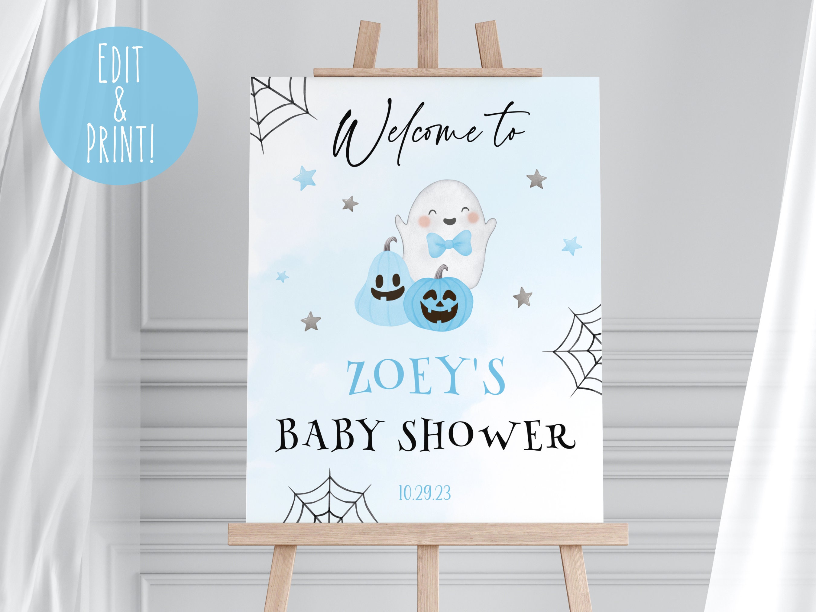 A Little Boo is Almost Due Baby Shower Welcome Sign Template, Blue ...