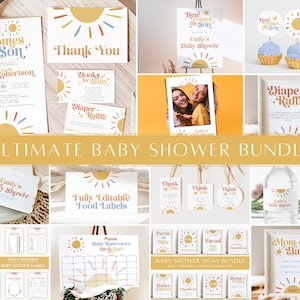 Here Comes the Son Baby Shower Bundle, Sun Baby Shower Invitation Bundle, Boho Boy Baby Shower Invite Set, Sunshine Baby Shower Sign & Decor