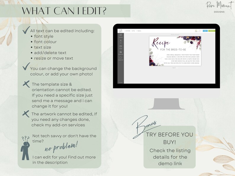 May include: A digital mockup of a printable recipe card for a bride-to-be. The card features a floral design with burgundy and white flowers. The text on the card reads "Recipe for the Bride-to-Be". The image also includes a checklist of what can be edited in the template, such as text, font, and background color.