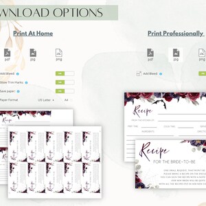 May include: Printable recipe cards with a floral and bat design in shades of purple, burgundy, and white. The cards feature the text "Recipe" and "For the Bride-to-Be".
