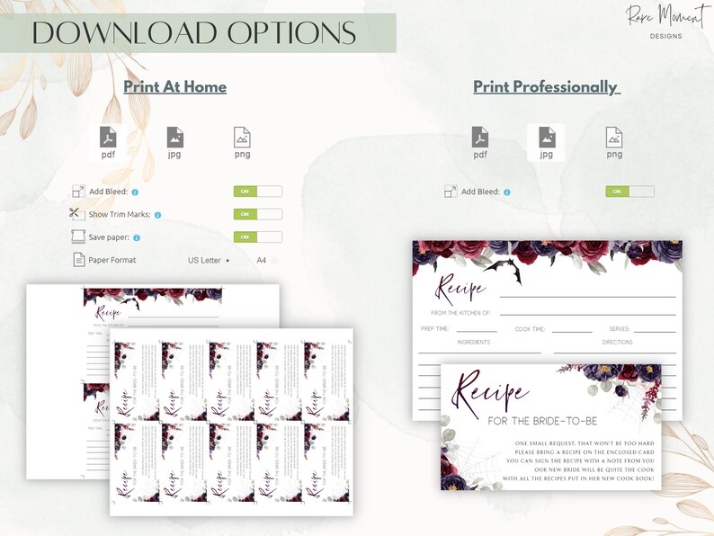 May include: Printable recipe cards with a floral and bat design in shades of purple, burgundy, and white. The cards feature the text "Recipe" and "For the Bride-to-Be".
