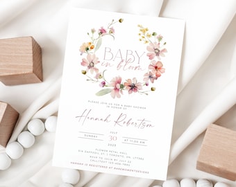 Invito per l'acquazzone di bambino in fiore, invito per l'acquazzone di bambino in fiore, modello di invito per l'acquazzone di bambino di primavera, invito per l'acquazzone di bambino per ragazza floreale modificabile