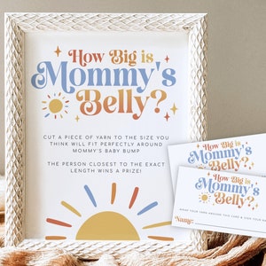 Letrero para baby shower con el texto "Aquí viene el hijo", letrero con el texto "Qué tan grande es la barriga de mamá", letrero con el texto "Sol" para baby shower, juego "Mide la barriga", letrero imprimible con el texto "La barriga de mamá"