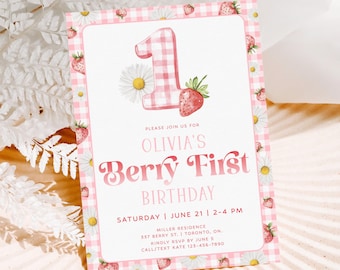 Plantilla de invitación para primer cumpleaños de bayas, invitación para primer cumpleaños de niña, invitaciones de cumpleaños de fresa roja, invitación editable para primer cumpleaños de margarita