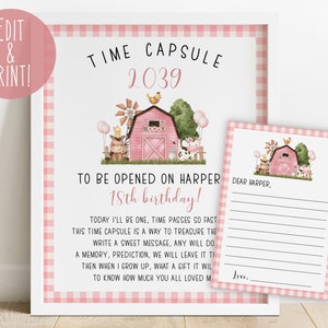 Signo de cápsula del tiempo del 1er cumpleaños de Pink Farm, plantilla de cápsula del tiempo del primer cumpleaños de la niña, decoración de fiesta Pink Barnyard Bash, animales de granja florales