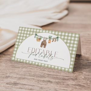 Lokal angebaute Babyparty-Lebensmitteletiketten, Bauernmarkt-Babyparty-Tischkarten, Neutrale Babyparty-Lebensmitteletikettenvorlage, druckbare Lebensmittelzelte