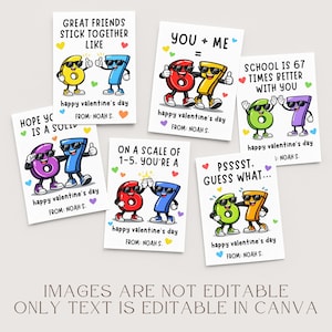 May include: A collection of six Valentine's Day cards featuring cartoon numbers with sunglasses. Each card has a different message, such as "Great friends stick together like" and "You + Me =." The cards are decorated with hearts and the text "happy valentine's day."