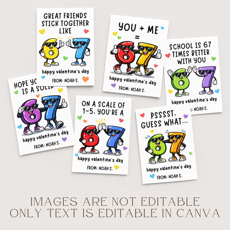 May include: A collection of six Valentine's Day cards featuring cartoon numbers with sunglasses. Each card has a different message, such as "Great friends stick together like" and "You + Me =." The cards are decorated with hearts and the text "happy valentine's day."