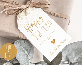 Etiquetas de regalo para fiesta de Nochevieja, etiqueta de regalo imprimible para Nochevieja 2025, plantilla de etiqueta de Feliz Año Nuevo, etiquetas de regalo editables, etiquetas de champán blancas y doradas