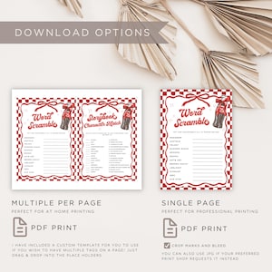 Peut inclure: Deux feuilles de jeu imprimables avec une bordure &agrave; carreaux rouges et blancs. L'une est un jeu "Word Scramble", l'autre est un "Storybook Character Match". Le texte "Download Options" est en haut. Le texte "PDF Print" est en bas.