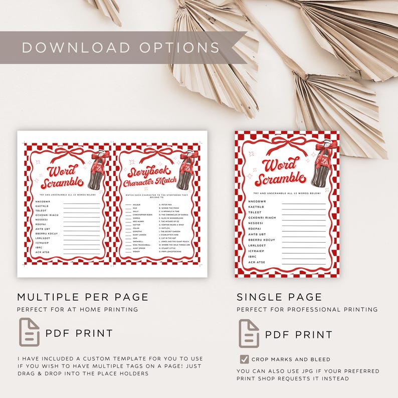 Peut inclure: Deux feuilles de jeu imprimables avec une bordure &agrave; carreaux rouges et blancs. L'une est un jeu "Word Scramble", l'autre est un "Storybook Character Match". Le texte "Download Options" est en haut. Le texte "PDF Print" est en bas.