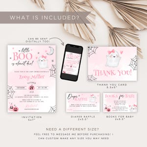 May include: A baby shower stationery set featuring a pink and white theme with ghost illustrations. Includes a 5x7 inch invitation, a 3.5x5 inch thank you card, a 2x3.5 inch diaper raffle card, and a 2x3.5 inch books for baby card, all displayed with a smartphone.