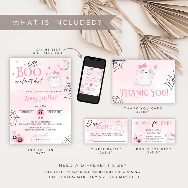 May include: A baby shower stationery set featuring a pink and white theme with ghost illustrations. Includes a 5x7 inch invitation, a 3.5x5 inch thank you card, a 2x3.5 inch diaper raffle card, and a 2x3.5 inch books for baby card, all displayed with a smartphone.