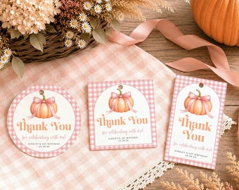 Pumpkin 1st Birthday Favor Tags, Pink Pumpkin Birthday Thank You Tag, Our Little Pumpkin is Turning One, Pumpkin First Birthday Party Favors