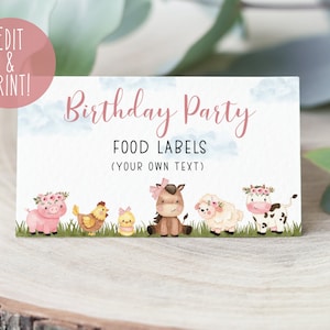 Modèle d'étiquette de nourriture pour 1er anniversaire de la ferme rose, étiquettes imprimables de fête d'anniversaire de ferme fille, cartes tente de nourriture Bash de basse-cour, fête d'animaux de la ferme à faire soi-même