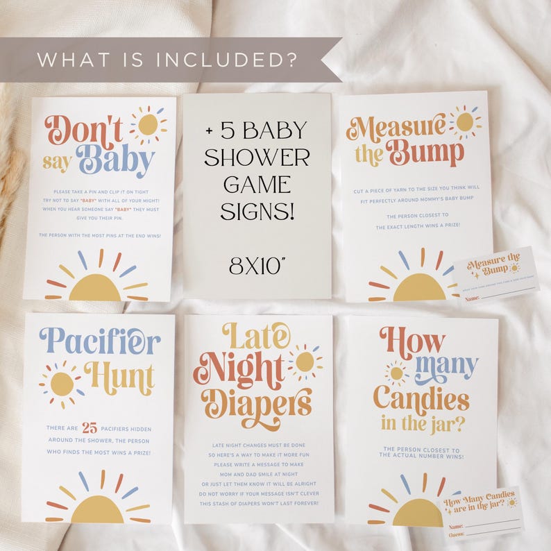 Sun Baby Shower Games Bundle, Here Comes the Son Baby Shower Games, Printable Boho Baby Shower Games Pack, Sunshine Shower Activity, Canva image 7