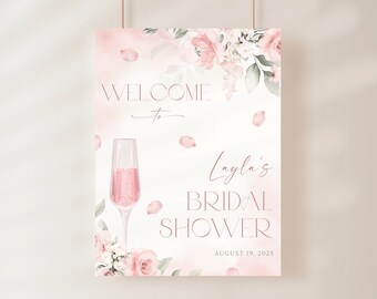 Petals and Prosecco Bridal Shower Welcome Sign, Pastel Pink Floral Bridal Shower Welcome Sign Template, Printable Bridal Shower Poster Decor