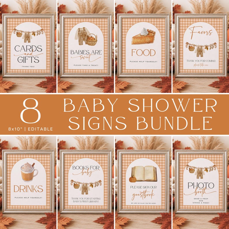 Little Pumpkin Baby Shower Signs, Fall Baby Shower Table Sign Bundle, Fall Baby Shower Bundle, Harvest Baby Shower Printable Signs, Gingham image 1