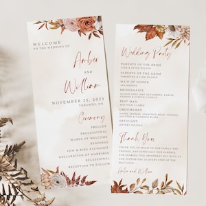 May include: A wedding ceremony program with a floral design featuring fall colors like orange, red, and brown. The program lists the wedding date, location, and the names of the bride and groom, Amber and William. It also includes the names of the wedding party and a thank you message to guests.